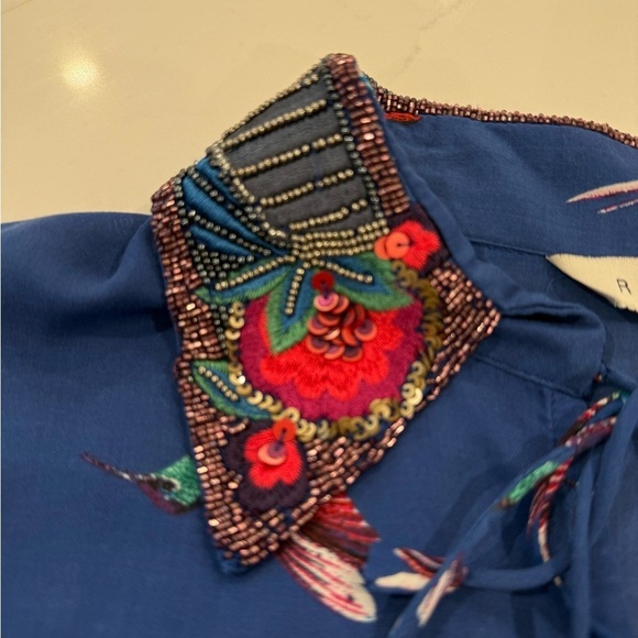 Anthropologie Ranna Gill Audubon Embroidered collared Blouse sequins hummingbird - Picture 8 of 13